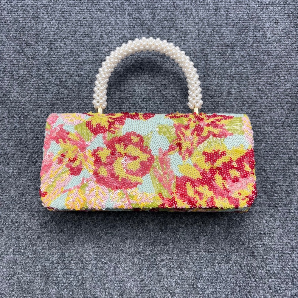 Sincerely Jules Sequin Pearl Handle Floral Evening Clutch Bag